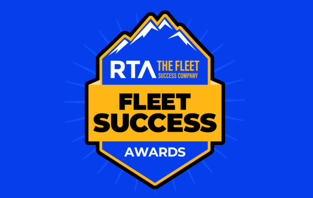 RTA Fleet Success Awards logo on blue background with yellow banner and mountain peak icon