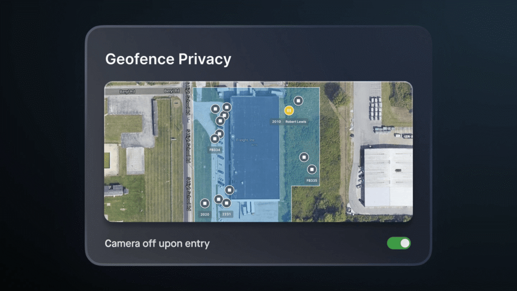 Screenshot of Geofence Privacy settings showing aerial map view with camera icons and toggle control