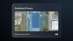 Screenshot of Geofence Privacy settings showing aerial map view with camera icons and toggle control