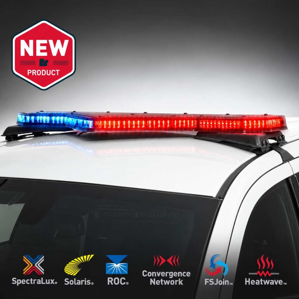 LED lightbar mounted on police vehicle roof, shown with blue and red lights illuminated
