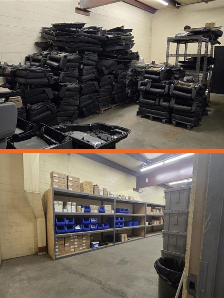 Before: stacks of stored vehicle seats fill a storage room. After: the same room with shelving of labeled parts bins
