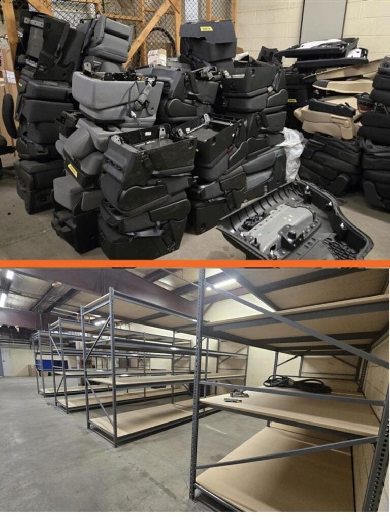 Before: piles of stored vehicle seats. After: empty pallet racking ready for inventory