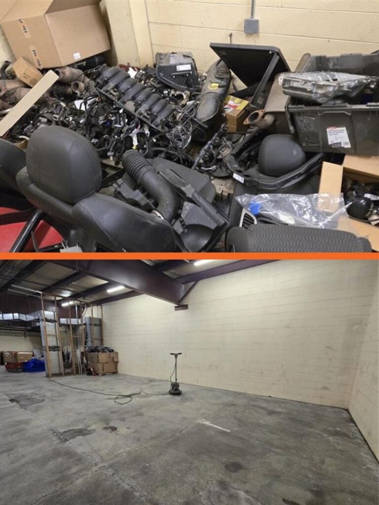 Before: a heap of engine parts, seats and boxes. After: the same storage room swept and empty