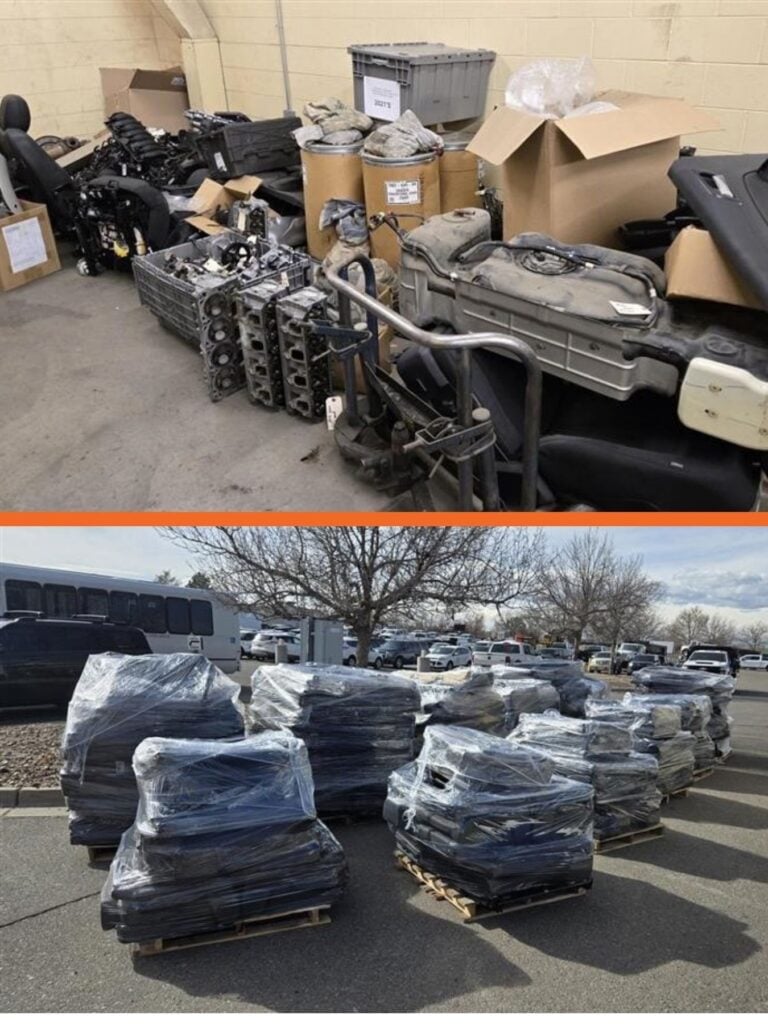 Before: engine heads, seats and parts piled against a wall. After: stored seats shrink-wrapped on pallets outdoors