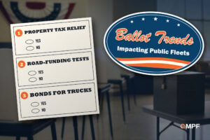 An illustrated sample ballot listing property tax relief, road-funding tests and bonds for trucks, beside an election-sticker headline reading Ballot Trends Impacting Public Fleets over a ballot box in a polling place