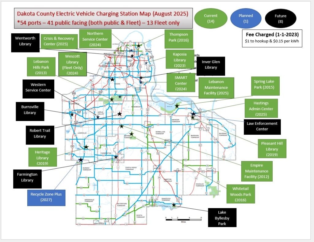 Map of Dakota County's electric vehicle charging stations as of August 2025, showing 14 current sites, one planned and eight future, with 54 ports in all.