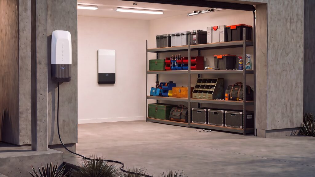 Illustration of a garage with a wall-mounted charging station and a backup power panel