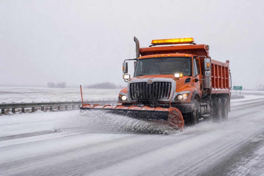 Orange state DOT snowplow truck with plow down clearing a snowy interstate on open plains