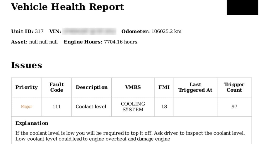 Vehicle health report for a City of Long Beach fleet vehicle flagging a major coolant level fault, with the VIN blurred and dates removed