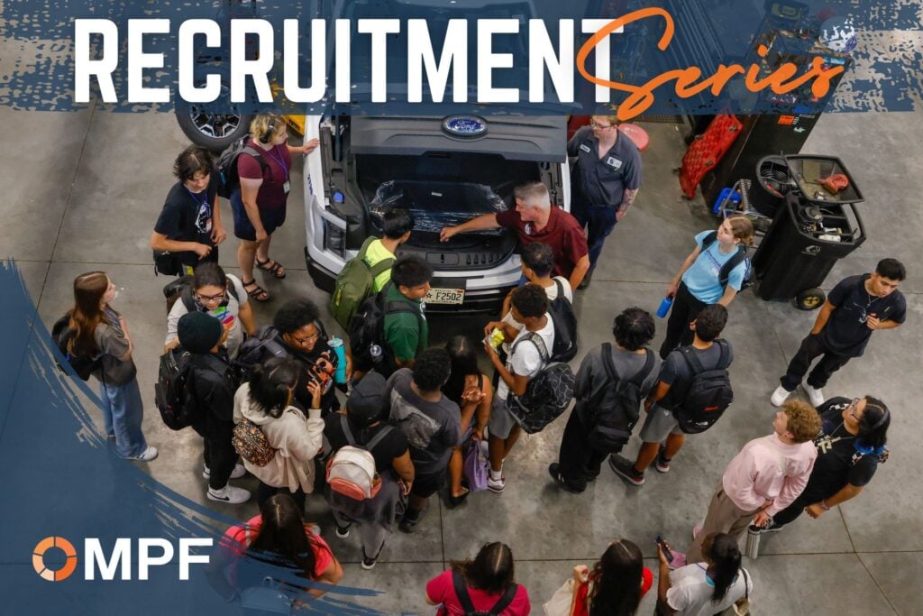 Recruitment Series graphic over a photo of high school students touring the City of Madison fleet shop