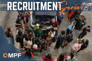 Recruitment Series graphic over a photo of high school students touring the City of Madison fleet shop