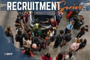 Recruitment Series graphic over a photo of high school students touring the City of Madison fleet shop