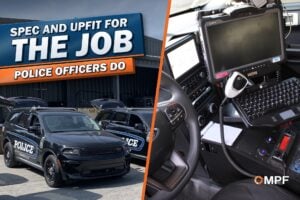 Spec and upfit for the job police officers do: Knoxville Police Dodge Durango patrol vehicles beside a patrol vehicle cockpit with mounted computer, keyboard and radio console