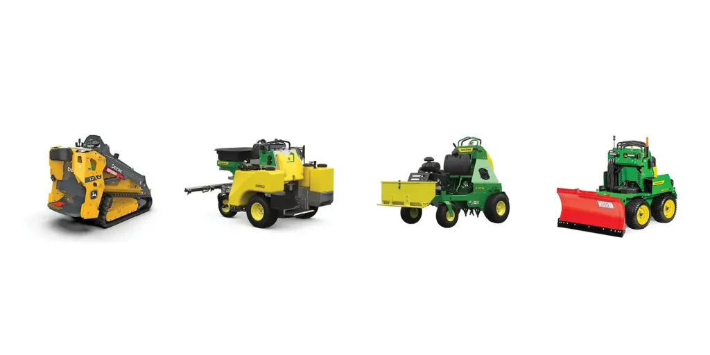 Four John Deere compact utility vehicles and snow removal equipment arranged in a row