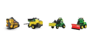 Four John Deere compact utility vehicles and snow removal equipment arranged in a row