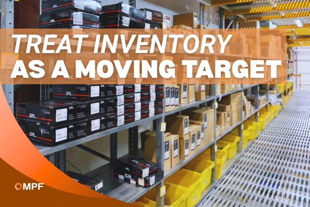 Parts room shelving stacked with boxed components and yellow bins, headlined "Treat inventory as a moving target"