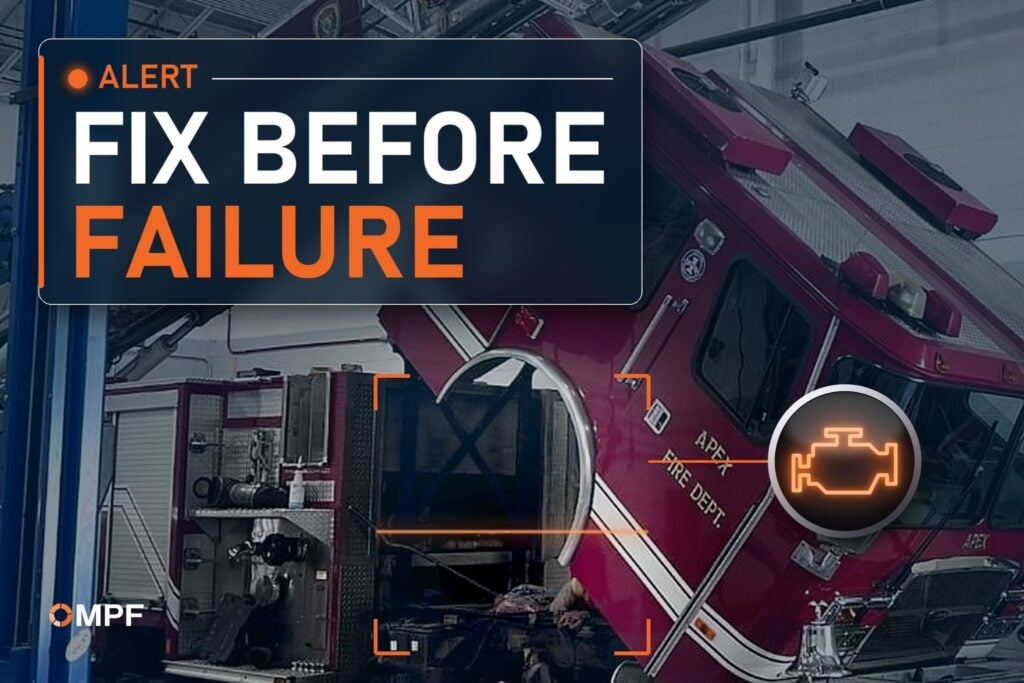 Alert: fix before failure. Close-up of the open engine bay of a Town of Apex fire truck with its cab tilted up in the shop, framed by a diagnostic scan, beside a lit orange check engine light