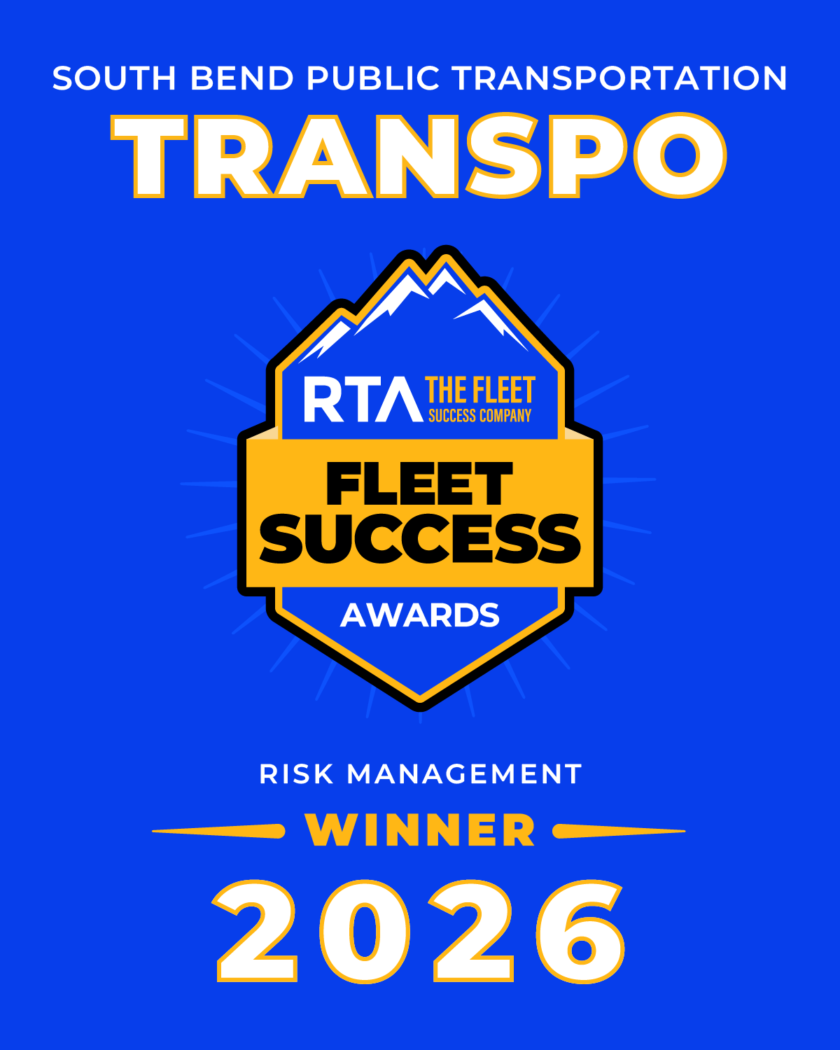 RTA Fleet Success Awards 2026 winner graphic for South Bend Transpo, Risk Management