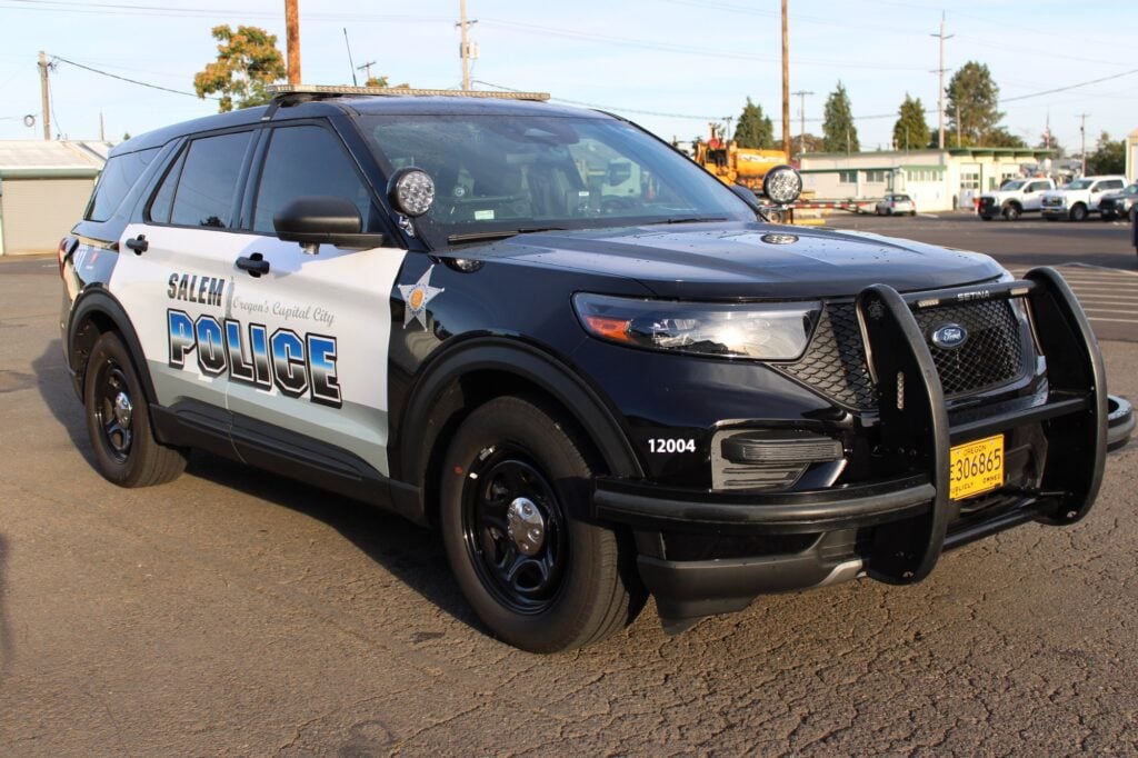 A Salem Police Ford Police Interceptor Utility with a push bumper and spotlights