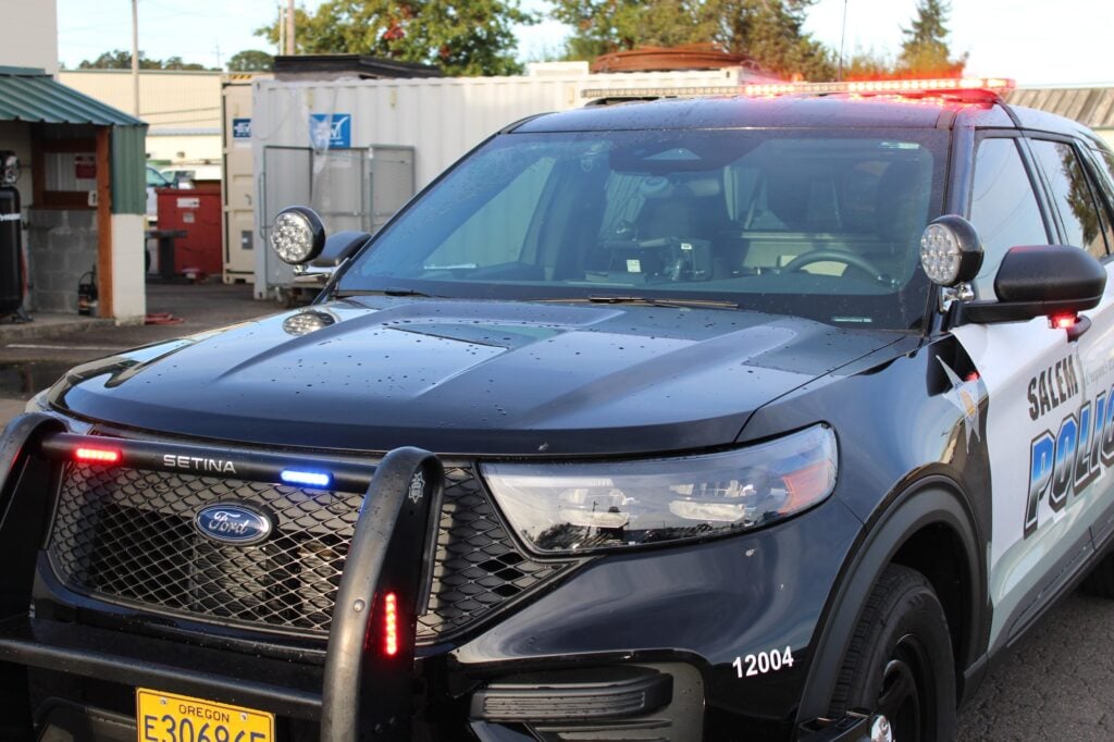 Emergency lights on the push bumper and roof of a Salem Police Interceptor Utility