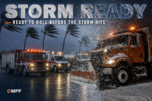 A fire engine, ambulance and fuel tanker staged under wind-bent palm trees in hurricane rain beside a snowplow truck staged in a blizzard, under the headline Storm Ready, its letters filled with a satellite view of a hurricane